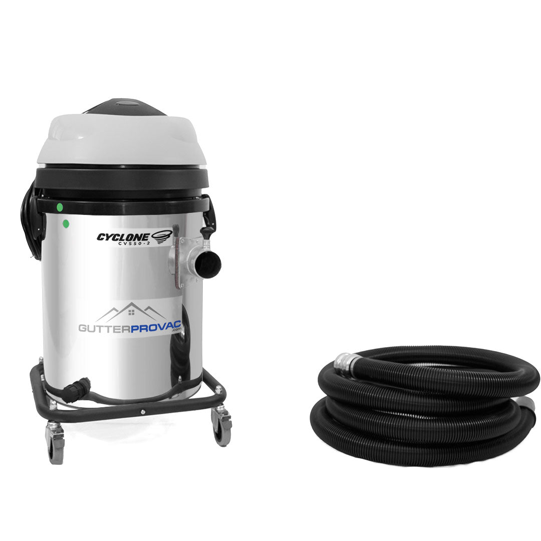 13 Gallon Cyclone 2400W Stainless Steel Domestic Gutter Vacuum with 28 Foot Carbon Clamping Poles, and Bag