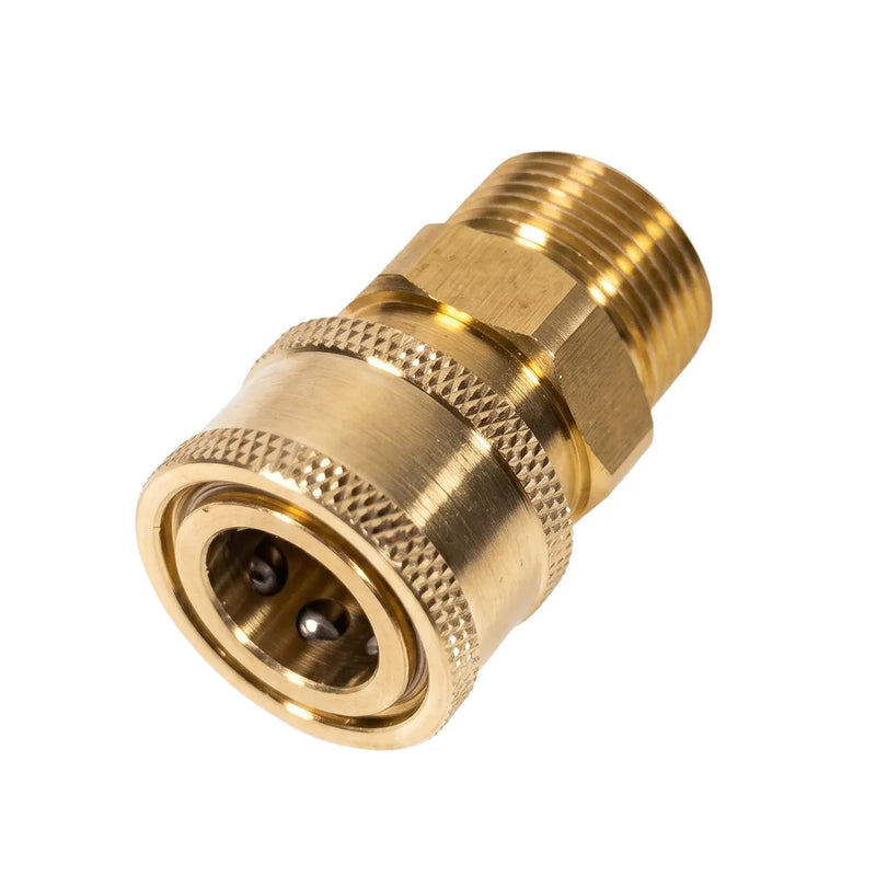 Brass pressure washer adapter with M22 male thread and 3/8 inch female quick connect coupling, front angled close-up