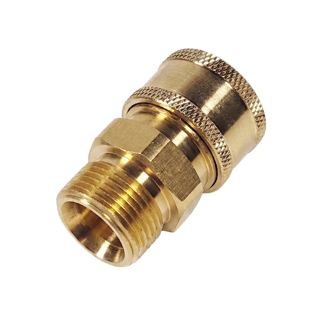 Rear angled view of brass pressure washer adapter with M22 male thread and knurled 3/8 inch female quick connect coupling