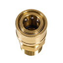 Top-down close-up of brass pressure washer adapter showing 3/8 inch female quick connect opening and locking balls