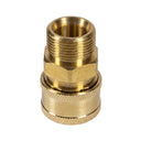 Side view of brass pressure washer adapter with M22 male threaded end and 3/8 inch female quick connect socket