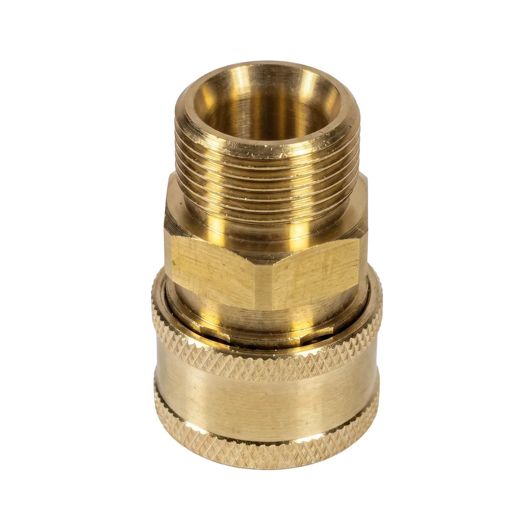 Side view of brass pressure washer adapter with M22 male threaded end and 3/8 inch female quick connect socket