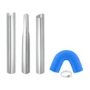 Aluminum gutter vacuum nozzle kit with three shaped nozzles, a blue silicone U-bend and a metal hose clamp