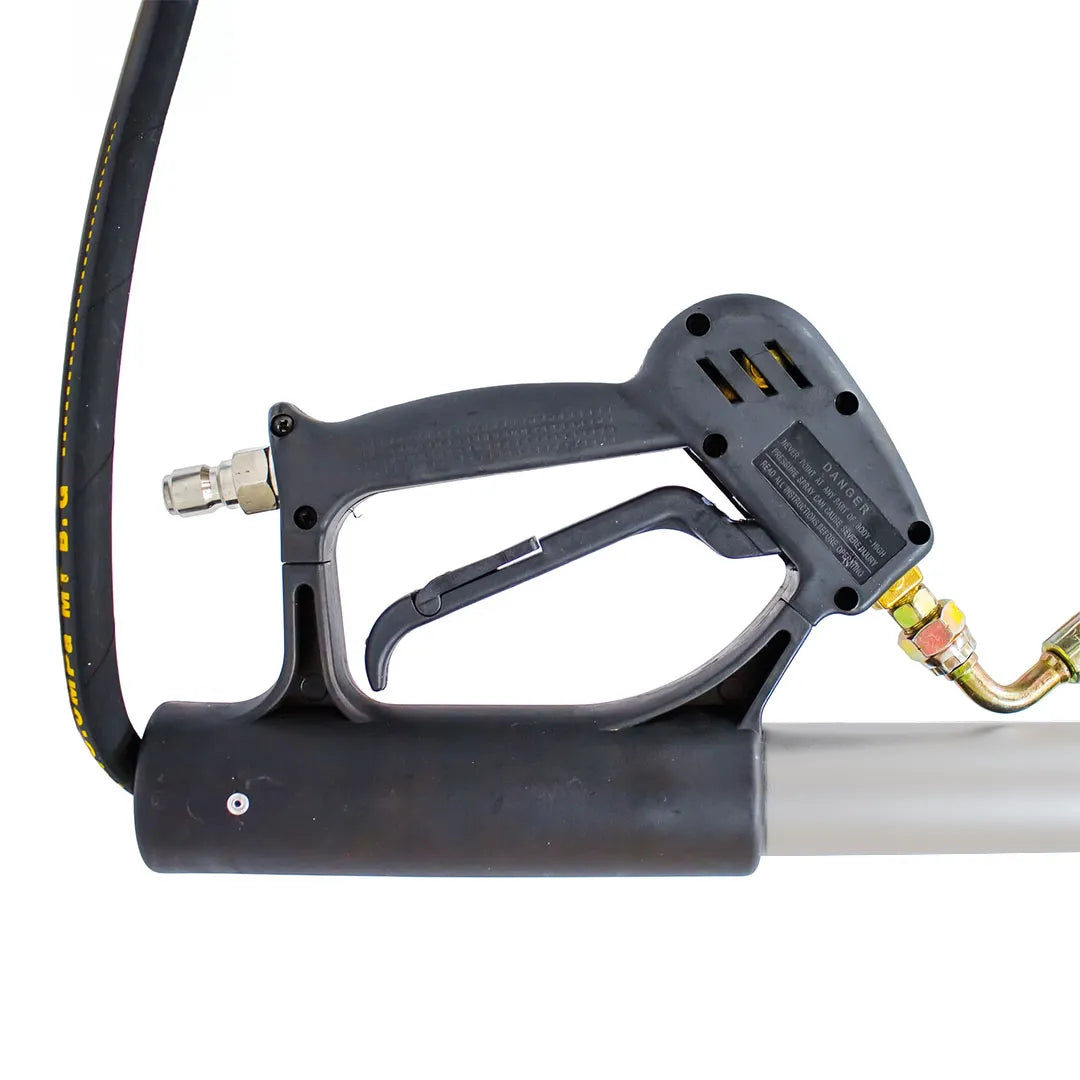 Aluminum Telescoping Pressure Washer Lance Kit - 18 Foot Reach, close-up of the black trigger gun, hose connection and brass elbow fitting