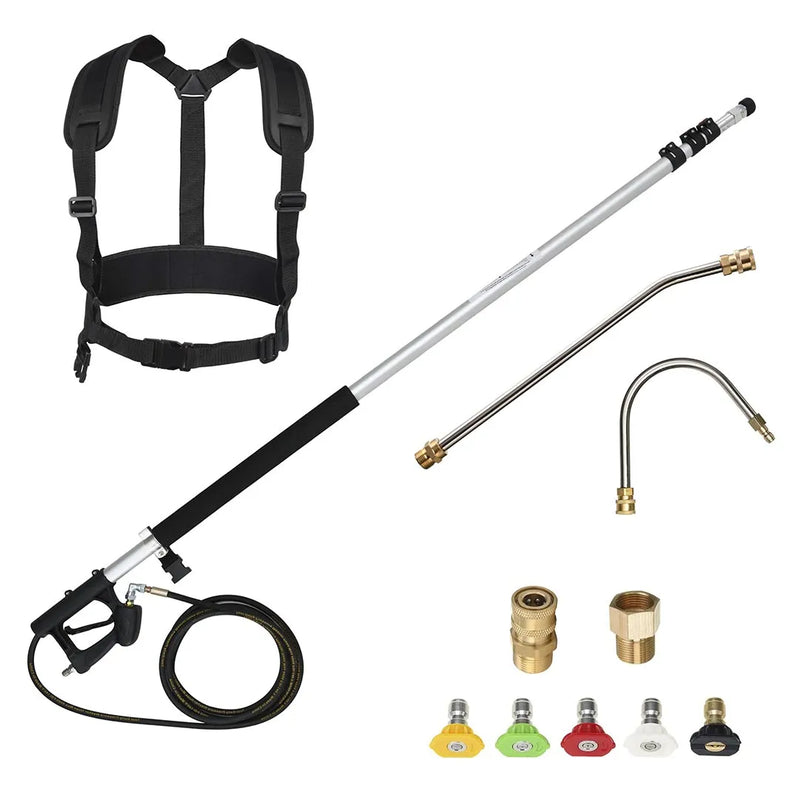 Aluminum Telescoping Pressure Washer Lance Kit - 18 Foot Reach, laid out with lance, harness, hose, two wands, adapters and five spray tips