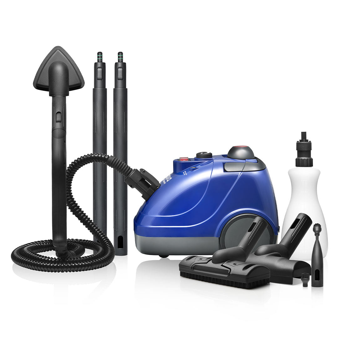 Side view of the blue Aqua Pro Steamer with hose with trigger gun, nozzle attachments, extension wands, and water bottle.