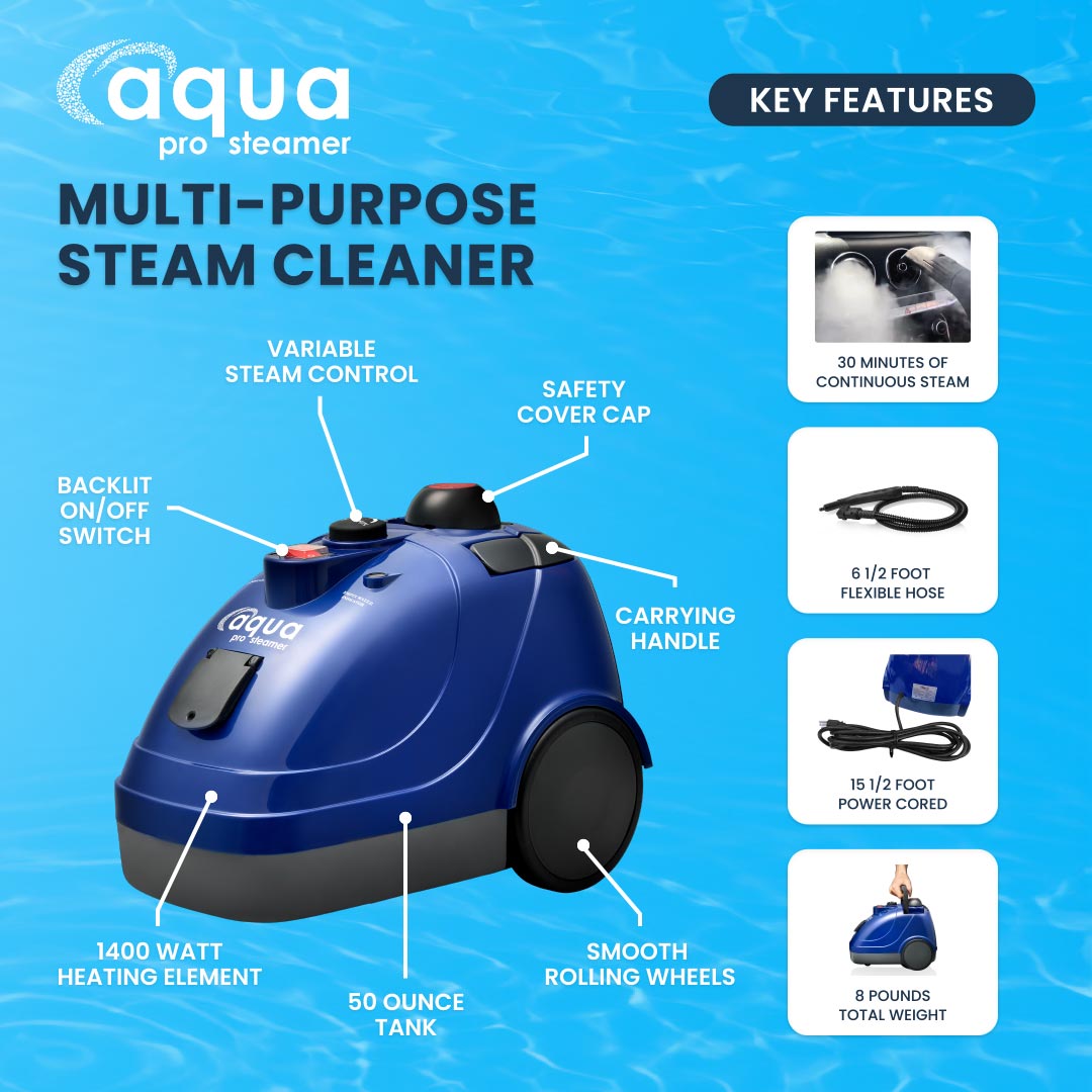 Key features infographic of the Aqua Pro Steamer.