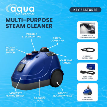 Key features infographic of the Aqua Pro Steamer.