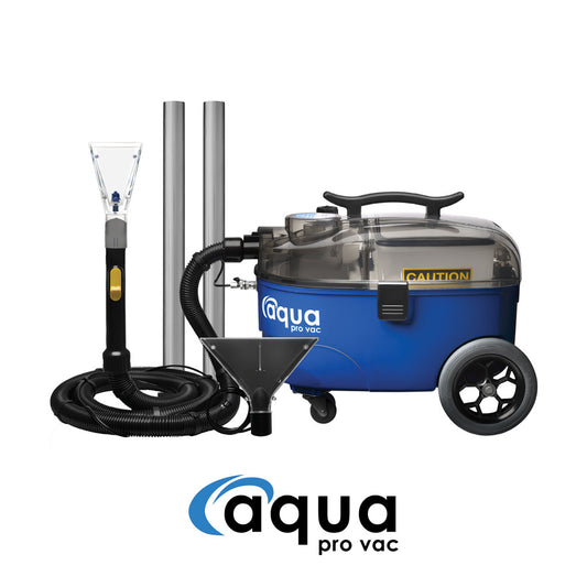 Side view of the Aqua Pro Vac Portable Extractor with smooth rolling wheels, carpet and upholstery nozzles and extension pipes.