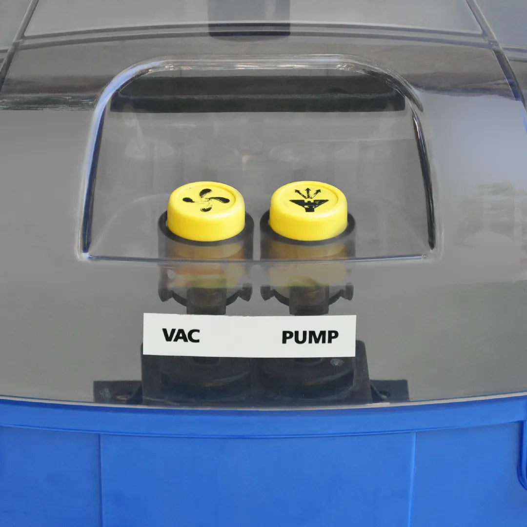 Aqua Pro Vac - Close-up of the control panel with yellow buttons labeled as vac and pump housed in the transparent top lid.
