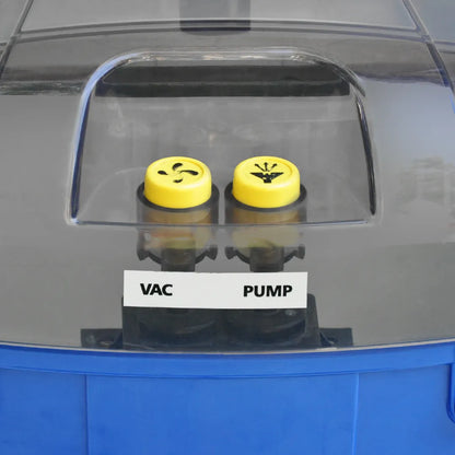 Aqua Pro Vac - Close-up of the control panel with yellow buttons labeled as vac and pump housed in the transparent top lid.