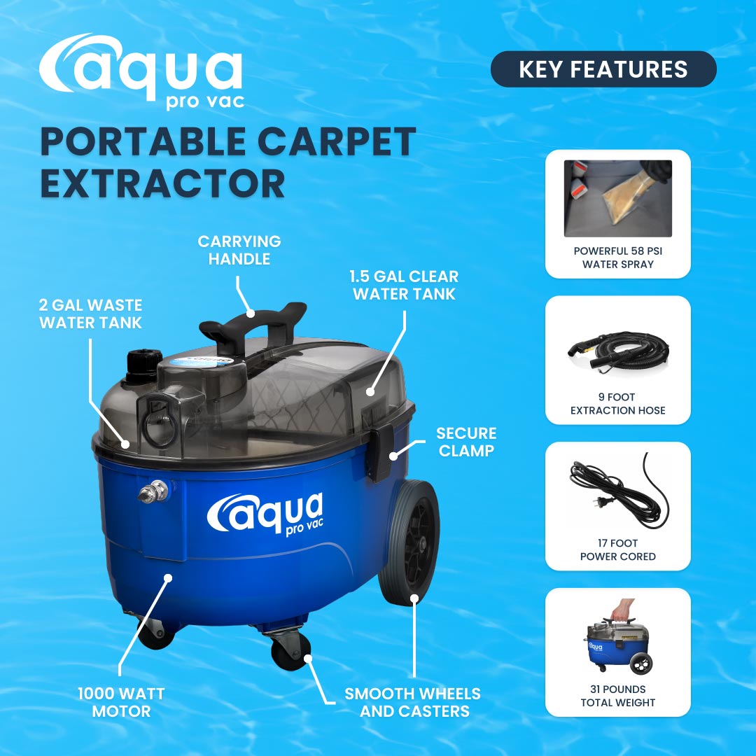 Key features infographic of the Aqua Pro Vac Extarctor.