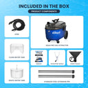 Inside the Box: Includes Aqua Pro Vac extractor machine, hose, two water tanks, two nozzles, extension pipes, and a manual.
