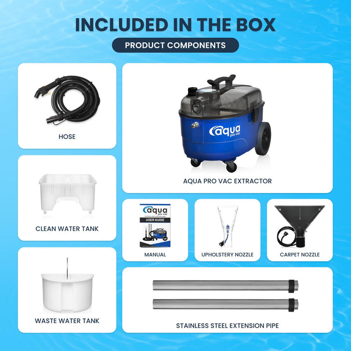 Inside the Box: Includes Aqua Pro Vac extractor machine, hose, two water tanks, two nozzles, extension pipes, and a manual.