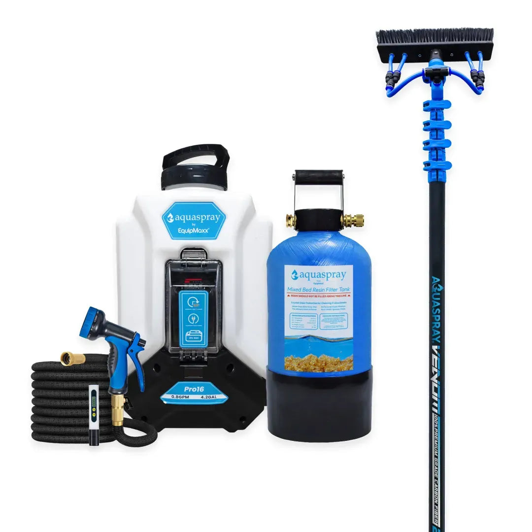 AquaSpray Pro16 4.2 Gallon Backpack Water Tank, 3 Gallon Resin Tank and Venom Water Fed Pole for Window and Solar Panel Cleaning