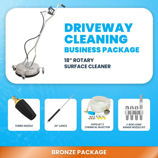Bronze driveway cleaning business package with 18 inch rotary surface cleaner, turbo nozzle, lance, injector kit, and J-rod nozzles