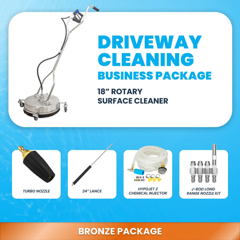 Bronze driveway cleaning business package with 18 inch rotary surface cleaner, turbo nozzle, lance, injector kit, and J-rod nozzles