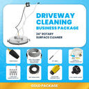 Gold driveway cleaning business package showing 24 inch rotary surface cleaner, hose, lance, nozzles, and accessories