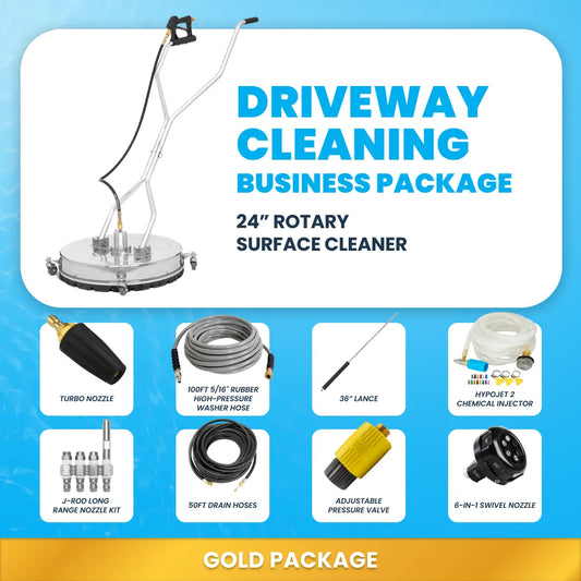 Gold driveway cleaning business package showing 24 inch rotary surface cleaner, hose, lance, nozzles, and accessories