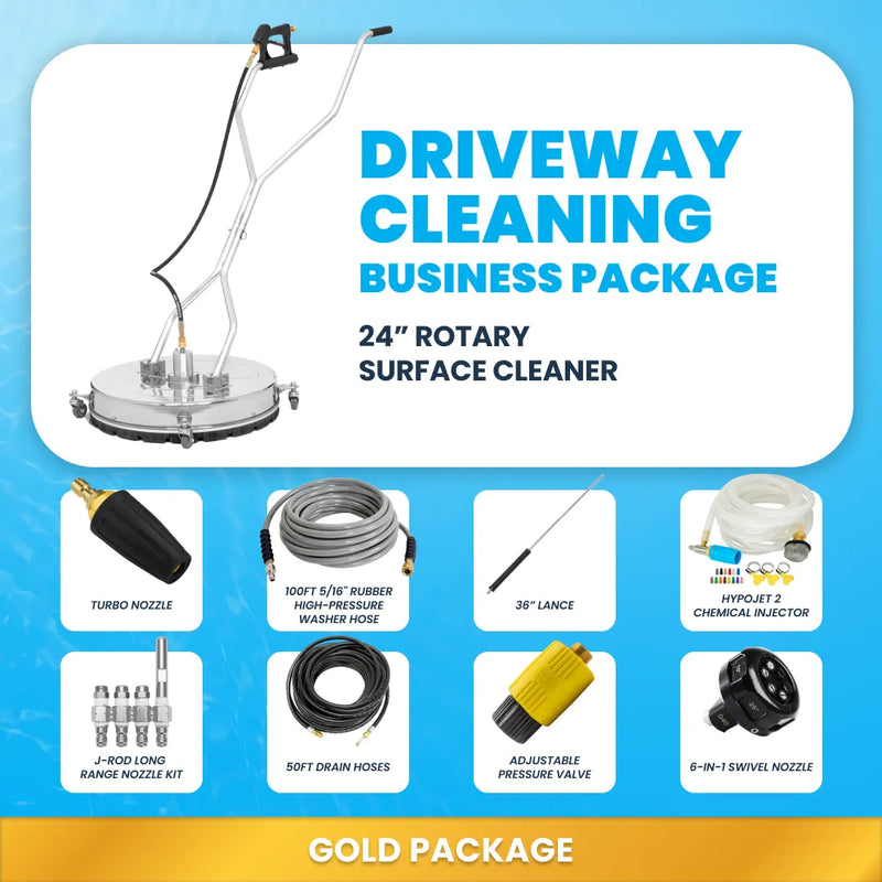 Gold driveway cleaning business package showing 24 inch rotary surface cleaner, hose, lance, nozzles, and accessories