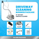 Silver driveway cleaning business package showing 21 inch rotary surface cleaner, turbo nozzle, hose, lance, injector, wash broom, and J-rod nozzles