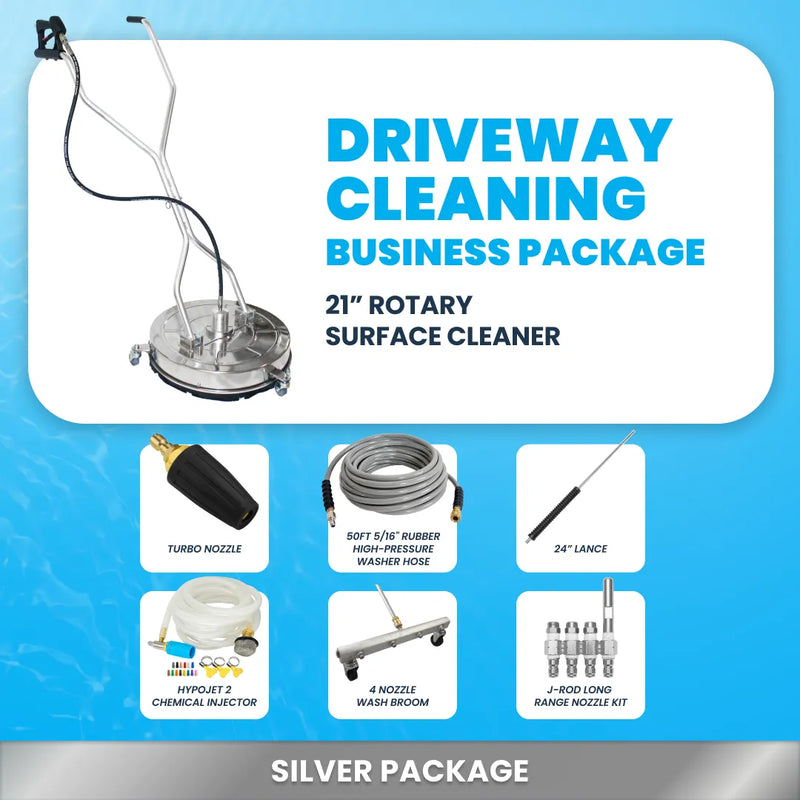 Silver driveway cleaning business package showing 21 inch rotary surface cleaner, turbo nozzle, hose, lance, injector, wash broom, and J-rod nozzles