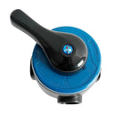 Top-down view of a Resin Tank Bypass Valve showing the black handle and blue dial with labeled wash settings.