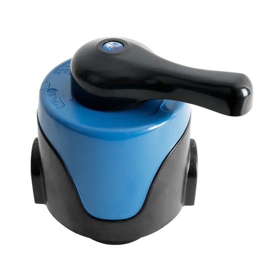 Angled top view of a blue and black 25l resin tank bypass valve showing a black top handle and side connection ports.