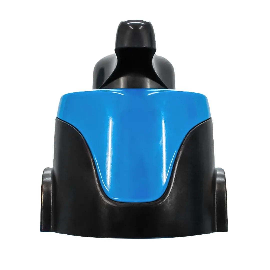Front profile of a Resin Tank Bypass Valve showing the black base, blue housing, and top black handle.