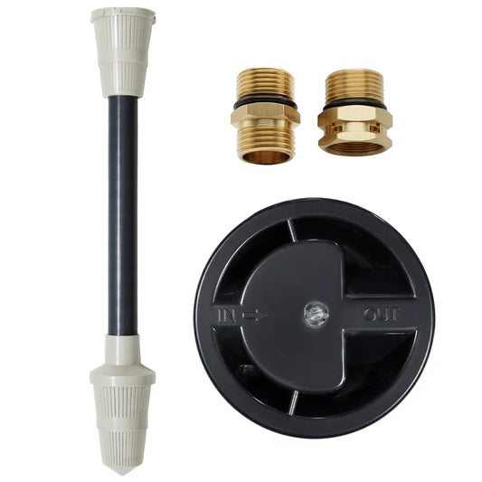 Flat lay of the 10l resin tank riser tube with distributor baskets, brass connectors, and a black resin cap replacement.