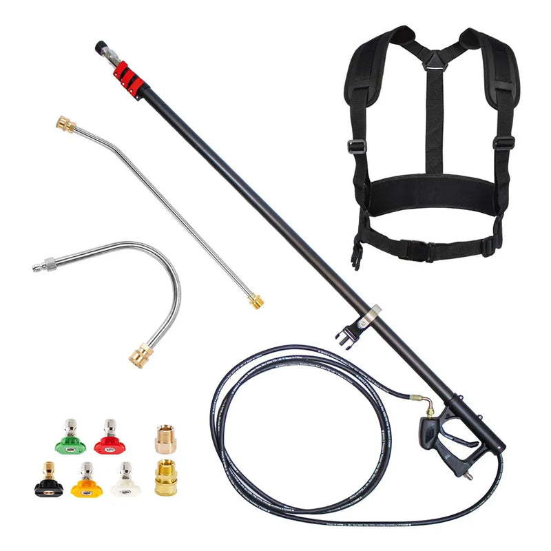 Carbon Fiber Telescoping Pressure Washer Lance Kit - 18 Foot Reach, carbon lance with harness, hose, two wands, fittings and five spray tips