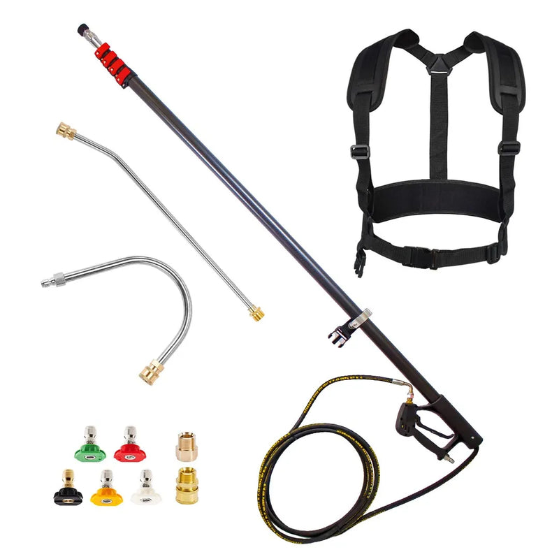 Carbon Fiber Telescoping Pressure Washer Lance Kit - 24 Foot Reach, carbon lance with harness, hose, two wands, fittings and five spray tips