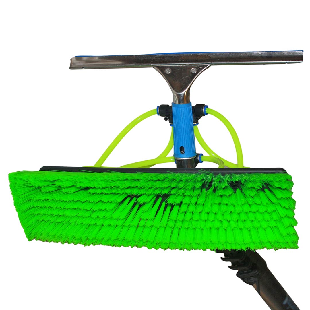 Closed-up view of the Carbon Water Fed Pole brush head with squeegee attachment.