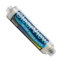 Angled front view of the ClearView Inline Filter showing the primary label and blue resin inside the clear housing.