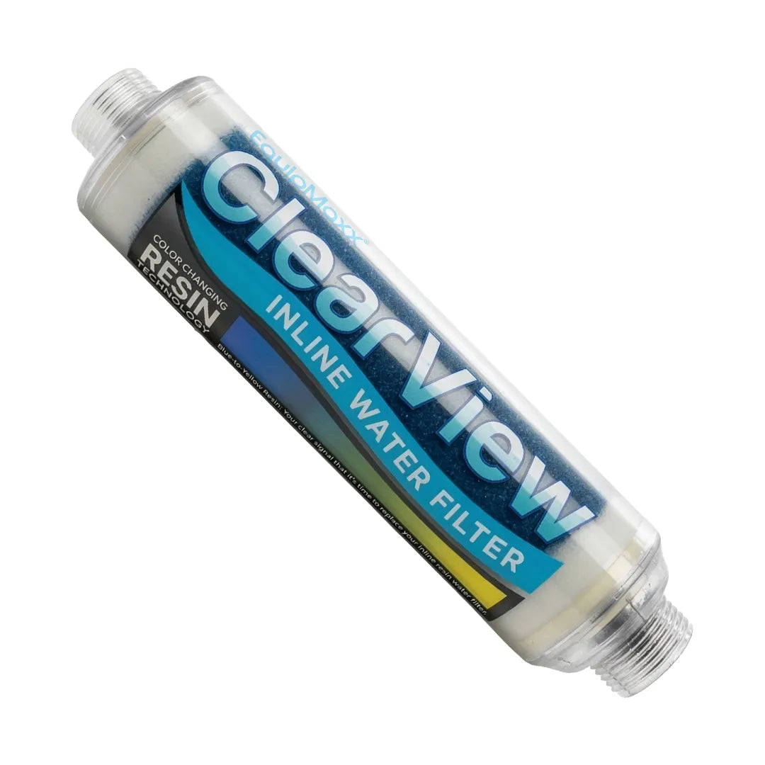 Angled front view of the ClearView Inline Filter showing the primary label and blue resin inside the clear housing.
