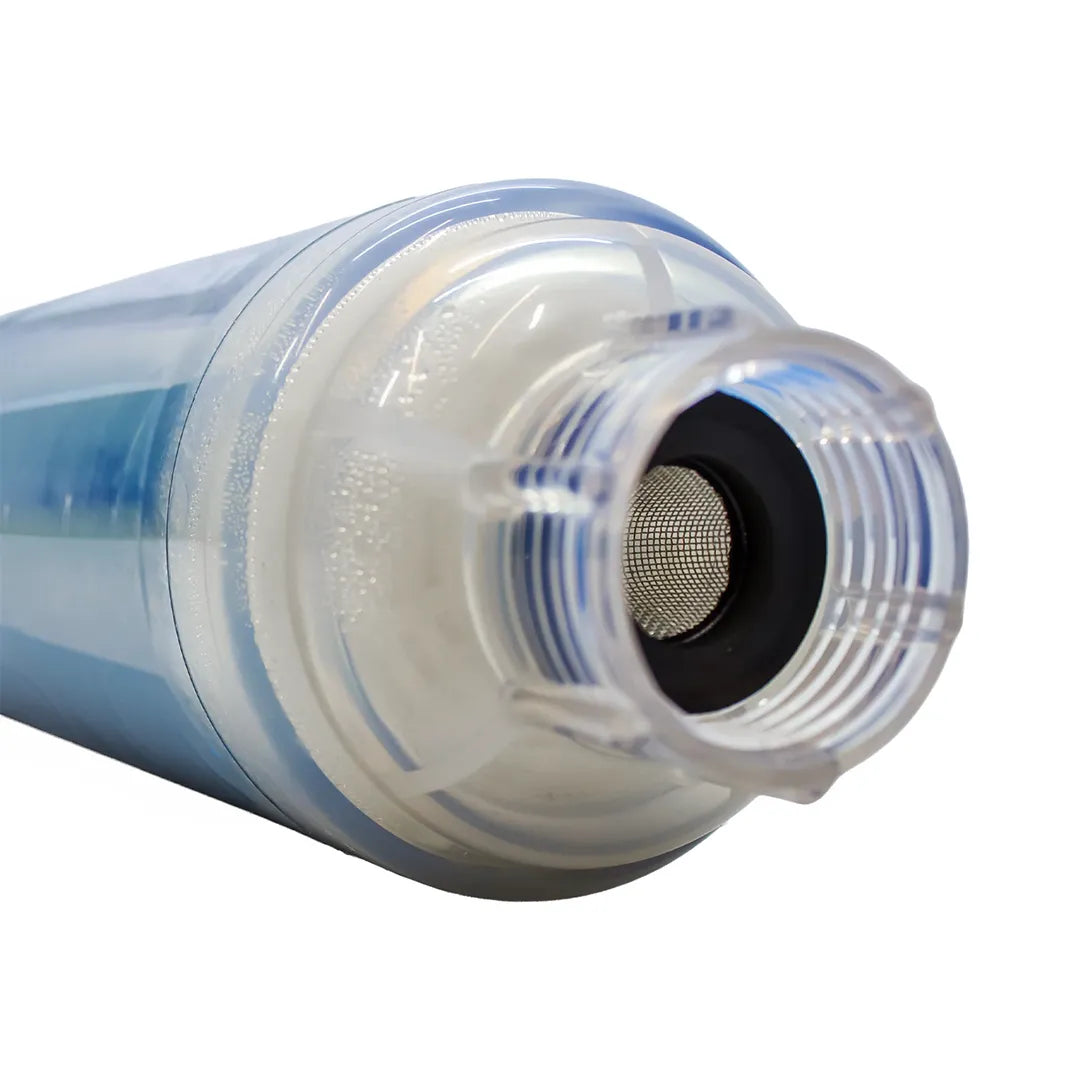 Close-up of the ClearView Inline Filter threaded opening, showing the internal metal mesh screen and black rubber gasket.