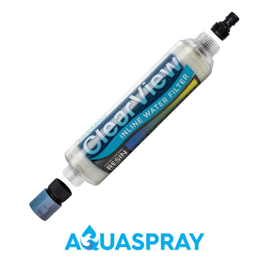 Full view of the ClearView Inline Filter with grey and black hose connector fittings detached at both ends.