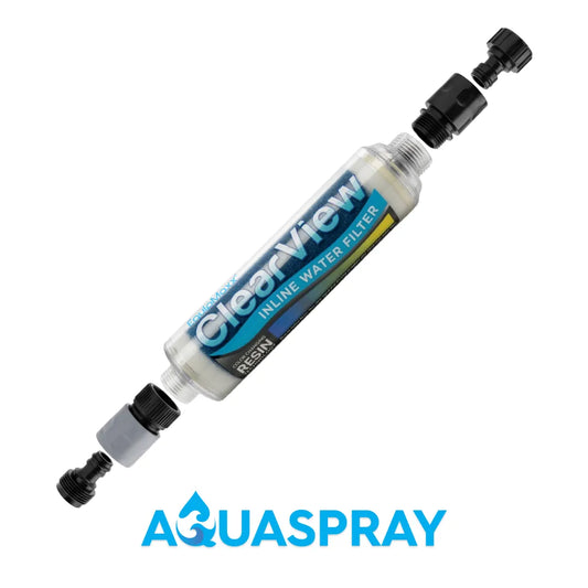 Full view of the ClearView Inline Filter with grey and black hose connector fittings detached at both ends.