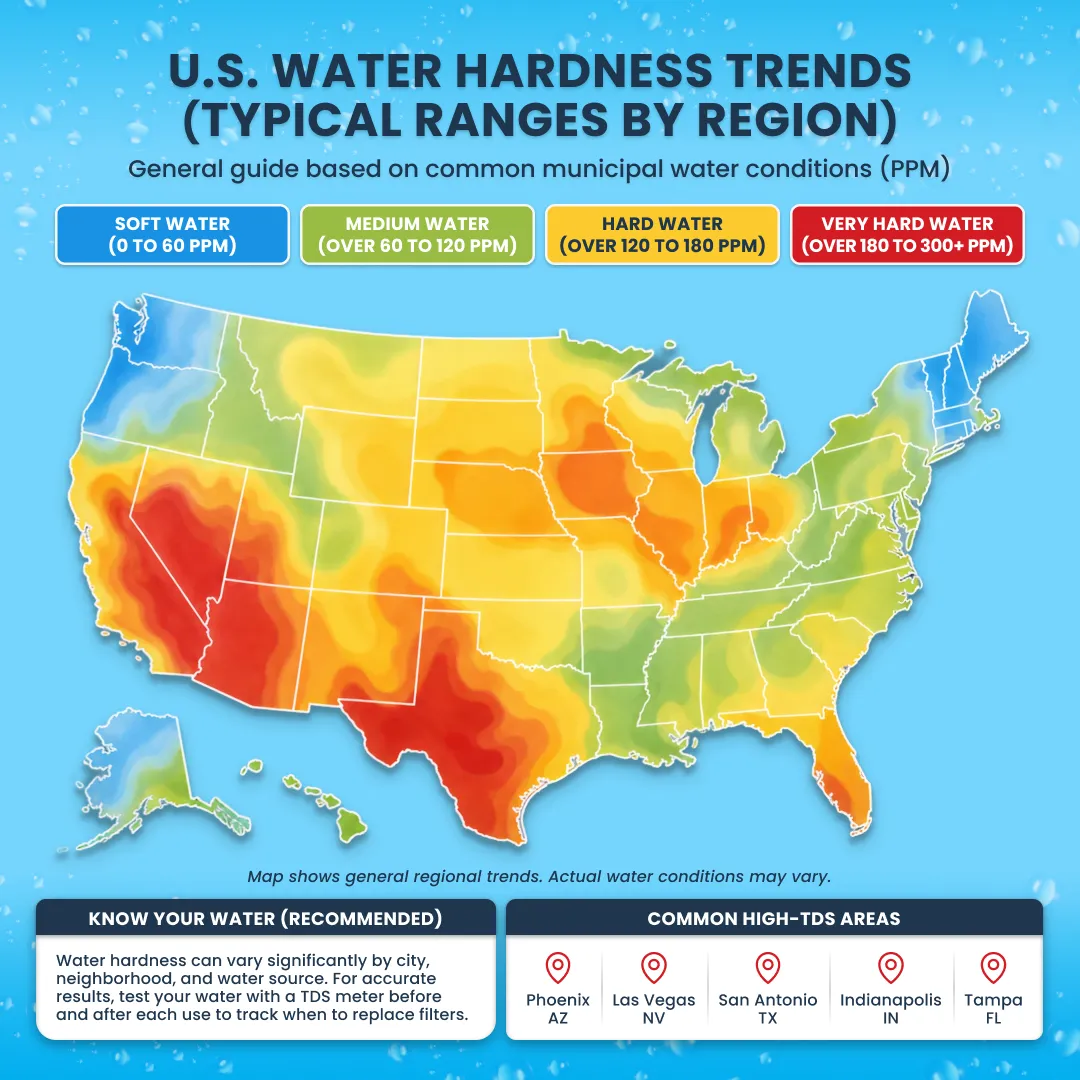 U.S. water hardness map showing regional trends for ClearView Inline Color Changing DI Resin Filter usage.