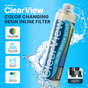 ClearView Inline Color Changing DI Resin Filter angled with water splashes, feature icons, and quick connect kit.