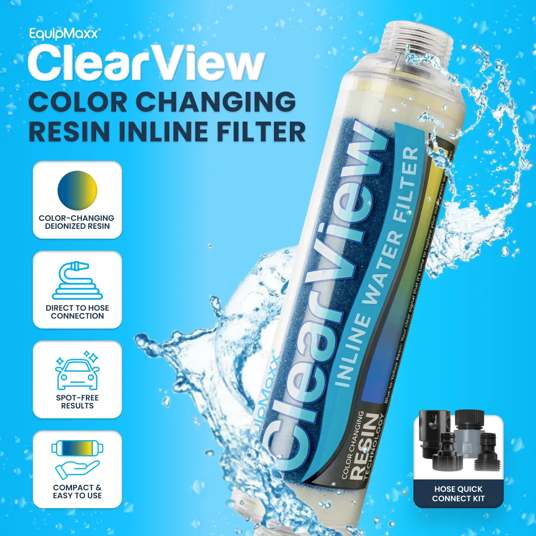 ClearView Inline Color Changing DI Resin Filter angled with water splashes, feature icons, and quick connect kit.