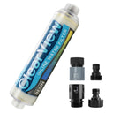 ClearView inline color changing DI resin filter, clear cartridge filled with blue resin, shown with four black hose connector fittings