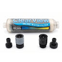 ClearView inline color changing DI resin filter shown horizontally above its four black and grey hose connector fittings