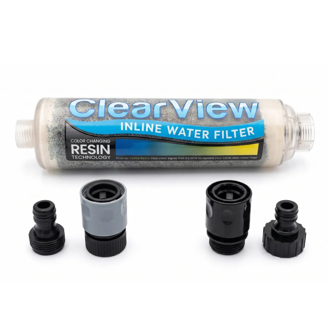 ClearView inline color changing DI resin filter shown horizontally above its four black and grey hose connector fittings