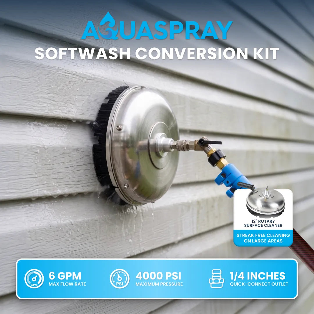 AQUASPRAY Softwash Conversion Kit with 12" rotary surface cleaner cleaning white vinyl siding — 6 GPM, 4000 PSI, 1/4" quick-connect.