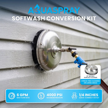 AQUASPRAY Softwash Conversion Kit with 12" rotary surface cleaner cleaning white vinyl siding — 6 GPM, 4000 PSI, 1/4" quick-connect.