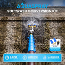Close-up of an Aquaspray water fed pole softwash conversion kit utilizing a blue dual-nozzle twin turbo attachment to spray a a retaining wall.