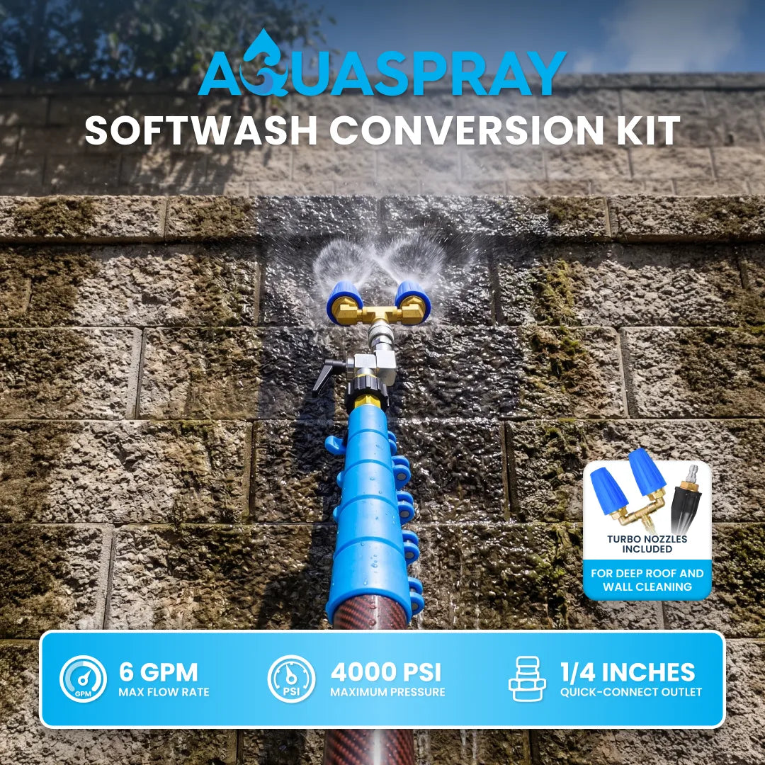 Close-up of an Aquaspray water fed pole softwash conversion kit utilizing a blue dual-nozzle twin turbo attachment to spray a a retaining wall.