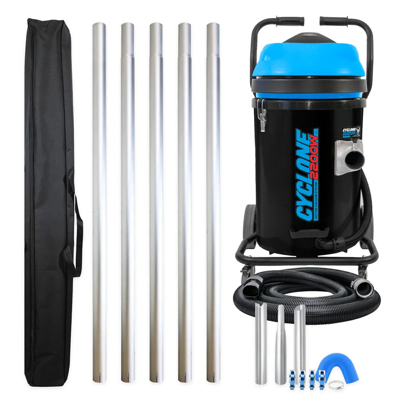 Cyclone 2200W 20 gallon residential gutter vacuum kit with five aluminum poles, carry bag, hose, nozzles, U-bend and pole clamps