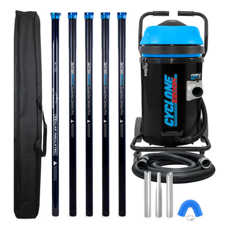 Cyclone 2200W 20 gallon residential gutter vacuum kit with five carbon poles, one Kevlar® insulated bottom pole, bag, hose, nozzles and U-bend